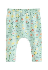 Hellgrüne Leggings mit einem floralen Muster in verschiedenen Farben, aus weichem, dehnbarem Stoff gefertigt. Elastischer Bund für Komfort.