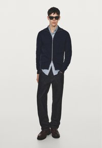 Marinblå zip-up tröja över en ljusblå randig skjorta, tillsammans med mörka jeans och mörkbruna skor. Tillbehör inkluderar svarta solglasögon.