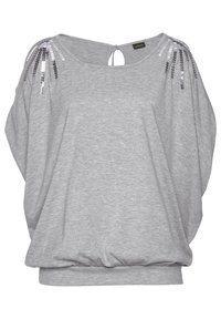 Šedý oversized top se zaobleným výstřihem, nařaseným lemem a dekorativními flitry na ramenou. Měkká textura a volný střih. Zadní zapínání na klíčovou dírku.