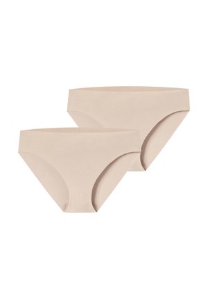 Beige seamless bikini briefs made from smooth fabric, featuring a simple design and moderate coverage with a low-rise waist.