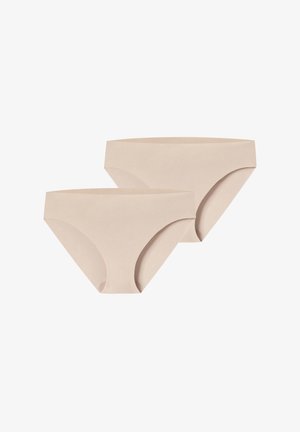 Beige seamless bikini briefs made from smooth fabric, featuring a simple design and moderate coverage with a low-rise waist.