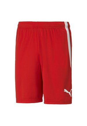 Red athletic shorts made of lightweight fabric, featuring white side stripes and a white logo on the lower left leg. Elastic waistband included.