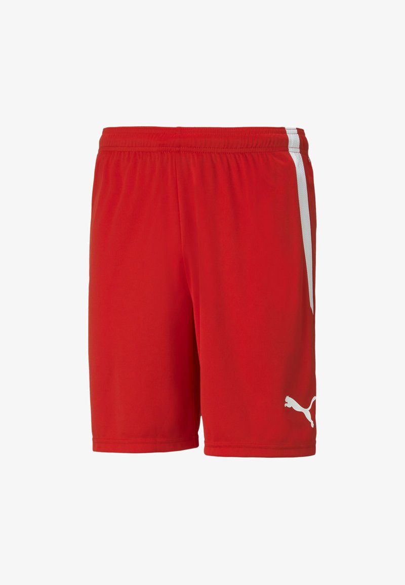 Red athletic shorts made of lightweight fabric, featuring white side stripes and a white logo on the lower left leg. Elastic waistband included.