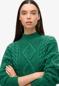 Pull en tricot vert avec un col montant, présentant des torsades texturées et des motifs en losange. Texture épaisse et confortable avec des poignets côtelés.