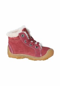 Botte enfant en daim rouge avec semelle en caoutchouc beige, lacets rouges, œillets métalliques et doublure blanche duveteuse autour de la cheville et à l'intérieur.