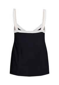 Zwarte tanktop met witte banden, een aansluitende pasvorm en een ontspannen fit. Gemaakt van zacht materiaal met een gladde textuur.