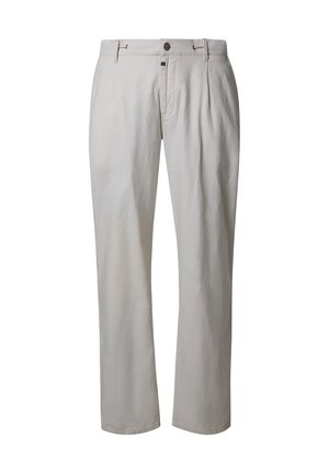 Beige gerade geschnittene Hose mit vorderem Knopf- und Reißverschluss, Gürtelschlaufen und plissierten Details am Bund.