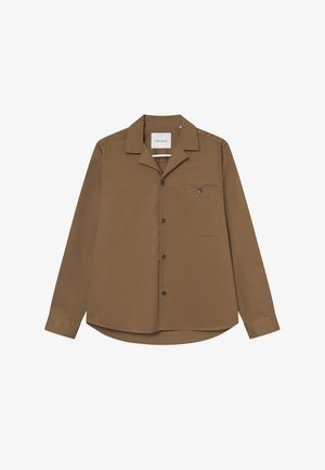 Bruine langärmige shirt met een puntige kraag, een enkele borstzak en een knoopsluiting aan de voorkant. Glad stof met een relaxed fit.
