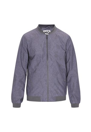 Szara bomberka z teksturowanym geometrycznym wzorem, ściągaczami na mankietach i dolnej krawędzi, zapięciem na zamek z przodu oraz okrągłym dekoltem.