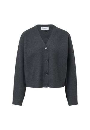 Cardigan grigio scuro con scollatura a V, maniche lunghe e cinque bottoni frontali. Texture morbida, design cropped e orlo e polsini a coste.