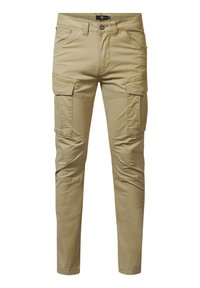 Pantalones cargo beige de algodón, con múltiples bolsillos laterales, diseño de pierna recta y una ligera textura en la tela.