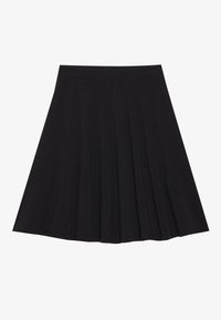 Gonna nera plissettata realizzata in tessuto strutturato, con una vita aderente e una silhouette a forma di A, che arriva poco sopra il ginocchio.