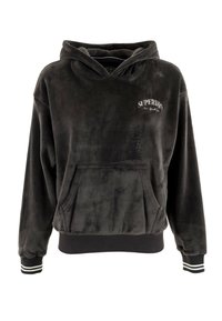 Donkergrijze corduroy hoodie met een kangoeroezak, geribbelde mouwen in zwart-witte strepen en een "SUPERDRY" logo op de voorkant.