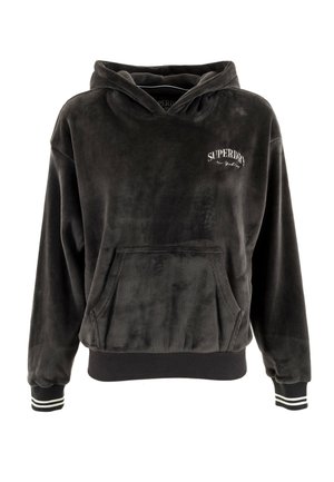 Hoodie en velours côtelé gris foncé avec une poche kangourou, des poignets côtelés en rayures noires et blanches, et le logo "SUPERDRY" sur le devant.