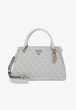 Sac à main gris à motif fabriqué en matériau synthétique. Comprend deux poignées, une bandoulière amovible et des accents en métal doré.