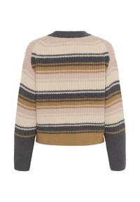 Mehrfarbiger Strickpullover mit horizontalen Streifen in Cremetönen, Rosa, Grau und Senf. Gerippte Textur und Rundhalsausschnitt, verkürzte Passform.