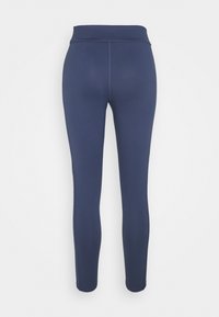 Leggings blu navy realizzati in tessuto elastico, con vita alta, superficie liscia e design aderente senza motivi o hardware visibili.