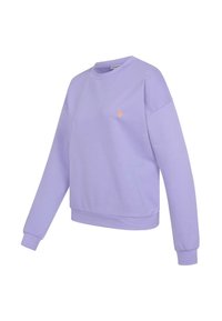 Lilac long-sleeve crewneck sweatshirt with ribbed cuffs and hem, featuring a small embroidered peach-colored horse logo on the left chest.