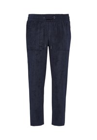 Marineblauwe, zacht geweven joggingsbroek met een elastische tailleband en trekkoord, voorzien van twee zijzakken en taps toelopende pijpen.