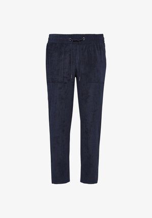 Pantalons de jogging en bleu marine, à texture douce, avec une taille élastique et un cordon de serrage, dotés de deux poches latérales et de jambes fuselées.