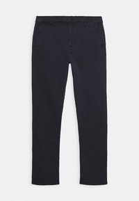 Pantalon noir droit avec fermeture par bouton et fermeture éclair, poches avant et passants de ceinture, présenté sur fond blanc.