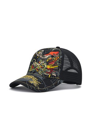 Black mesh baseball cap with colorful embroidered dragon design on front and yellow script on curved brim.