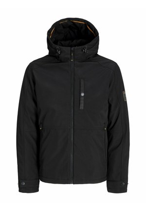 Melns žakets ar rāvējslēdzēju priekšā, regulējamu kapuci un divām priekšējām kabatām. Piedāvā kontrastējošu šuvumu un pogu aizdares uz piedurknēm.