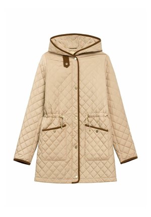 Beżowa pikowana kurtka z kapturem, brązowymi lamówkami, zatrzaskami, taliowanym sznurkiem i dwoma przednimi kieszeniami z przeszyciami.