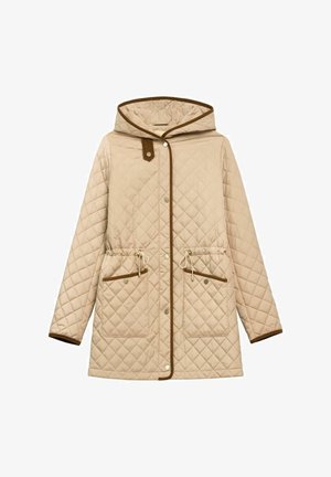 Beżowa pikowana kurtka z kapturem, brązowymi lamówkami, zatrzaskami, taliowanym sznurkiem i dwoma przednimi kieszeniami z przeszyciami.