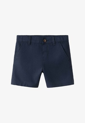 Marineblaue Freizeitshorts mit Knopfverschluss, Gürtelschlaufen und seitlichen Taschen, dargestellt vor weißem Hintergrund.