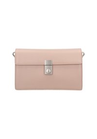 Clutch rosa pallido in finta pelle con forma rettangolare, patta frontale e chiusura rettangolare in argento. Presenta dettagli di cucitura lungo i bordi.