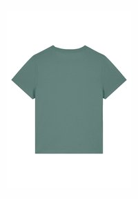 T-shirt vert à manches courtes avec col rond, fabriqué en tissu doux, présentant un design uni sans motifs ni embellissements.