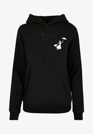 Fekete kapucnis felső, puha anyagból készült, kenguruzsebbel. Bal mellrészen egy nőt ábrázoló fehér grafika látható, aki ernyőt tart.