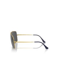 Occhiali da sole in metallo dorato con forma rettangolare, lenti grigie e estremità in gomma blu navy sulle tempie. Finitura riflettente lungo i bordi.