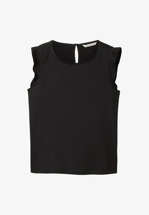 Top senza maniche di colore nero con tessuto testurizzato, scollatura tonda e dettaglio con apertura a chiave sul retro. Le maniche a volant aggiungono un sottile interesse di design.