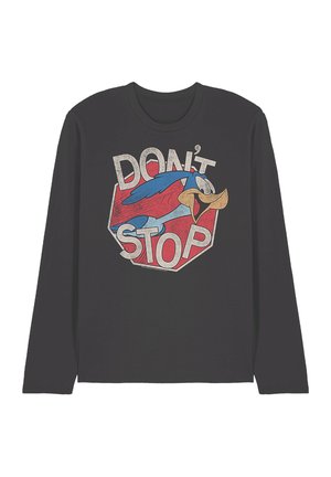 Schwarzes Langarmshirt mit einer Grafik des Road Runner Vogels auf rotem Stoppschild-Hintergrund und Text mit der Aufschrift "DON'T STOP."