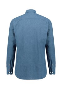 Camicia azzurra a maniche lunghe con motivo a piccole righe, vista da dietro, con polsini bottonati e colletto dritto.