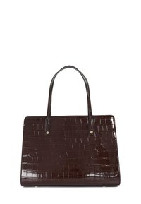 Brown patent faux-crocodile handbag with two long handles, rectangular shape, smooth texture, and decorative metal studs on straps.
