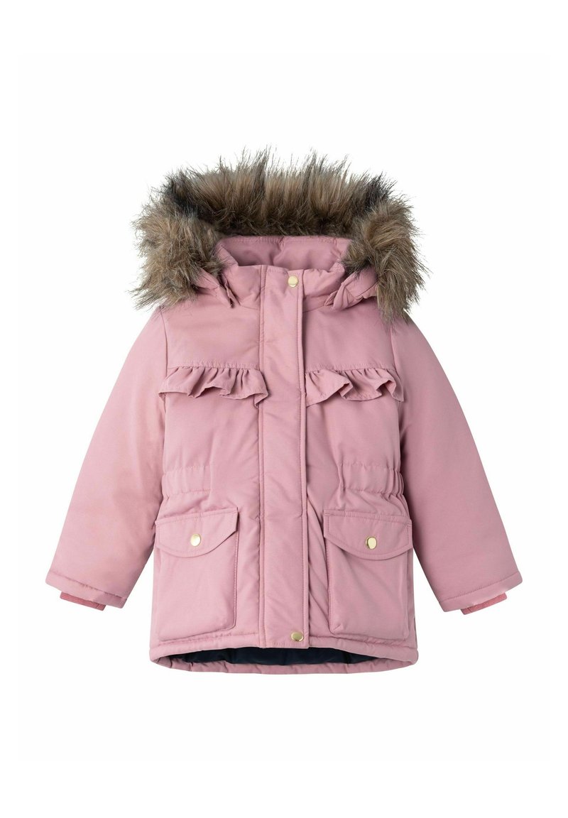 Manteau d'hiver pour enfants rose avec bordure en fausse fourrure sur la capuche, volants à l'avant, deux poches à rabat sur le devant et fermetures à boutons-pression.