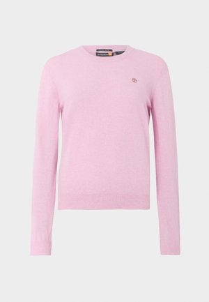 Lys rosa, langermet genser med rund hals. Har en liten logo på brystet og ribbede mansjetter og kant. Myk tekstur, uformell design.