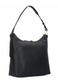 Black leather shoulder bag with a textured finish, featuring a curved silhouette, a zip closure, and an adjustable strap. Accents include silver hardware.