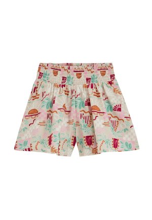 Szorty z elastycznym pasem ozdobione abstrakcyjnym nadrukiem inspirowanym naturą w stonowanych odcieniach różu, zieleni, pomarańczu i bordo na jasnobeżowym tle.