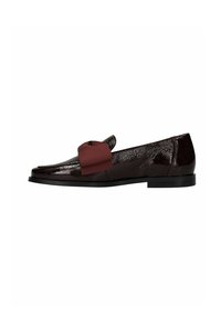 Dark burgundy patent leather loafer with a large matte fabric bow on top and flat black sole.