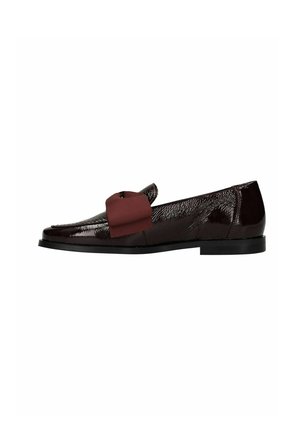 Dark burgundy patent leather loafer with a large matte fabric bow on top and flat black sole.