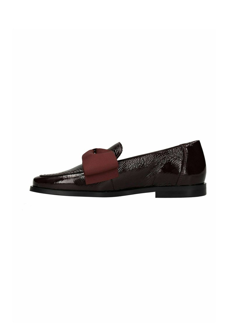 Dark burgundy patent leather loafer with a large matte fabric bow on top and flat black sole.