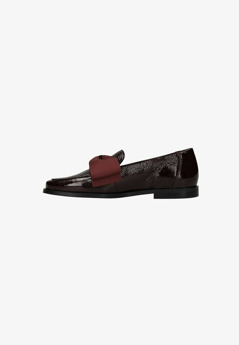 Dark burgundy patent leather loafer with a large matte fabric bow on top and flat black sole.
