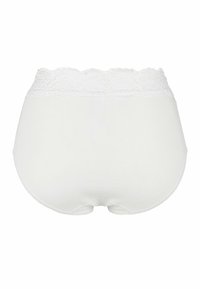 Biała bielizna damska z szerokim koronkowym paskiem w talii, widoczna od tyłu na jednolitym białym tle.