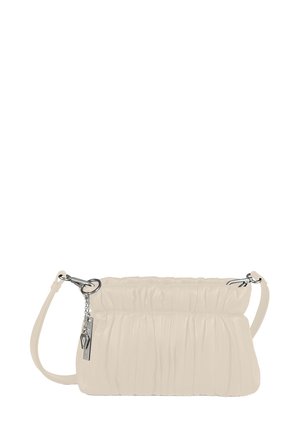 Beige faux leather handbag with a gathered texture, silver hardware, short handle, and an adjustable long strap for versatile carrying.