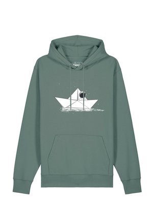 Grüner Kapuzenpullover mit einer Grafik eines Astronauten, der in einem weißen Papierboot auf dem Wasser sitzt.