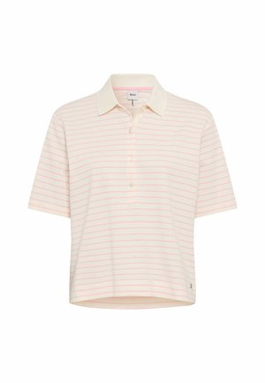 Polo a maniche corte color crema con sottili strisce orizzontali rosa e tre bottoni sulla patta frontale.